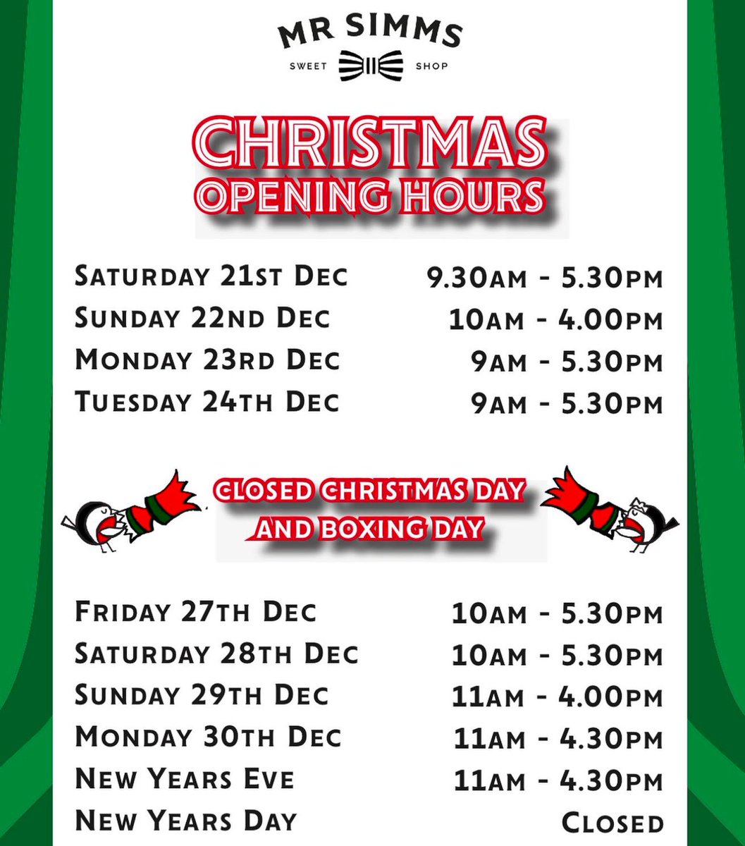MrSimmsEltham's tweet photo. Our Christmas and New Year’s opening hours 🎄 https://t.co/vw65w6Vsqn