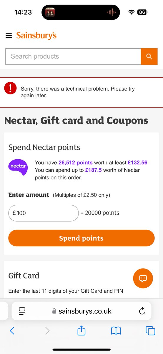 AbNash's tweet photo. @sainsburys Hi there, no joy. I have linked and unlinked the nectar card, and now it is both showing and not showing it’s linked depending on which page I’m on. Below is the repeated message I get when it was linked at checkout https://t.co/VIQlPiOXLT
