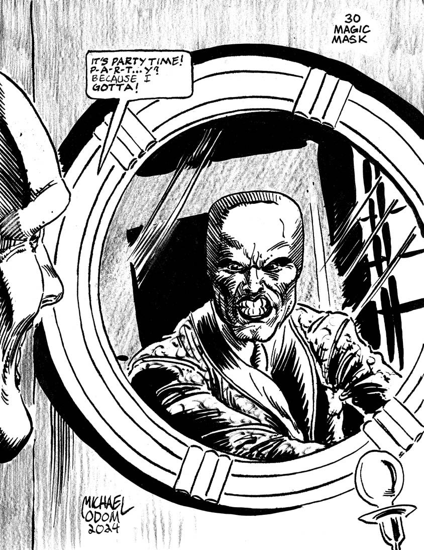 Night Thirty of #drawlloween #inktober 2024: "Magic Mask". #halloween #halloween2024 #drawlloween2024 #inktober2024 #themask #mask #magic #comics #comicart  #darkhorsecomics
