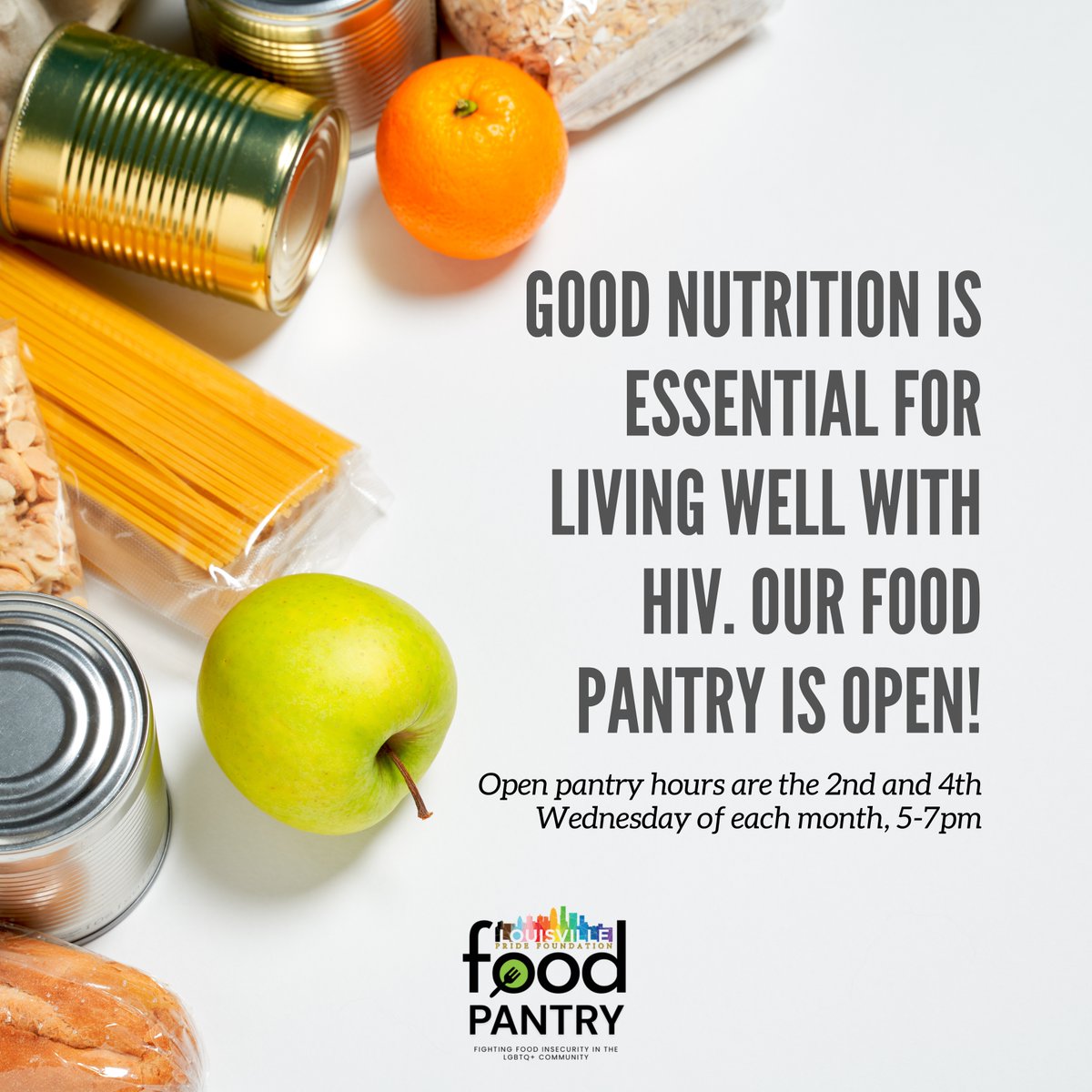 Good nutrition is essential for living well, especially for those living with HIV. Our food pantry is open! Stop by on the 2nd and 4th Wednesday of each month from 5-7pm to access free groceries, including pantry staples and fresh produce when possible. 

Plus, stay tuned for ...