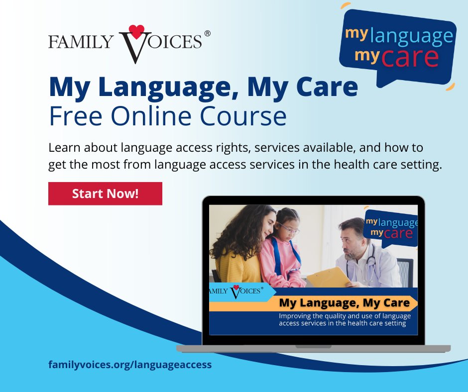 Time off for the holidays? It's a great time to discover My Language, My Care, a free online course about language access in the health care setting. The course is available in English, Spanish, Chinese and American Sign Language. Register today at familyvoices.org/mylanguagemyca….