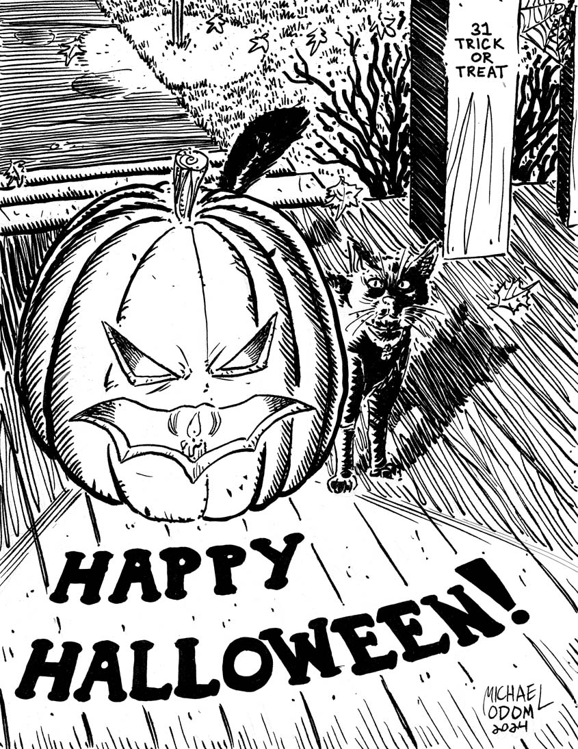 Night Thirty One of #drawlloween #inktober 2024: "Trick or Treat". #halloween #halloween2024 #drawlloween2024 #inktober2024 #jackolantern #pumpkin #cat #blackcat #trickortreat #happyhalloween