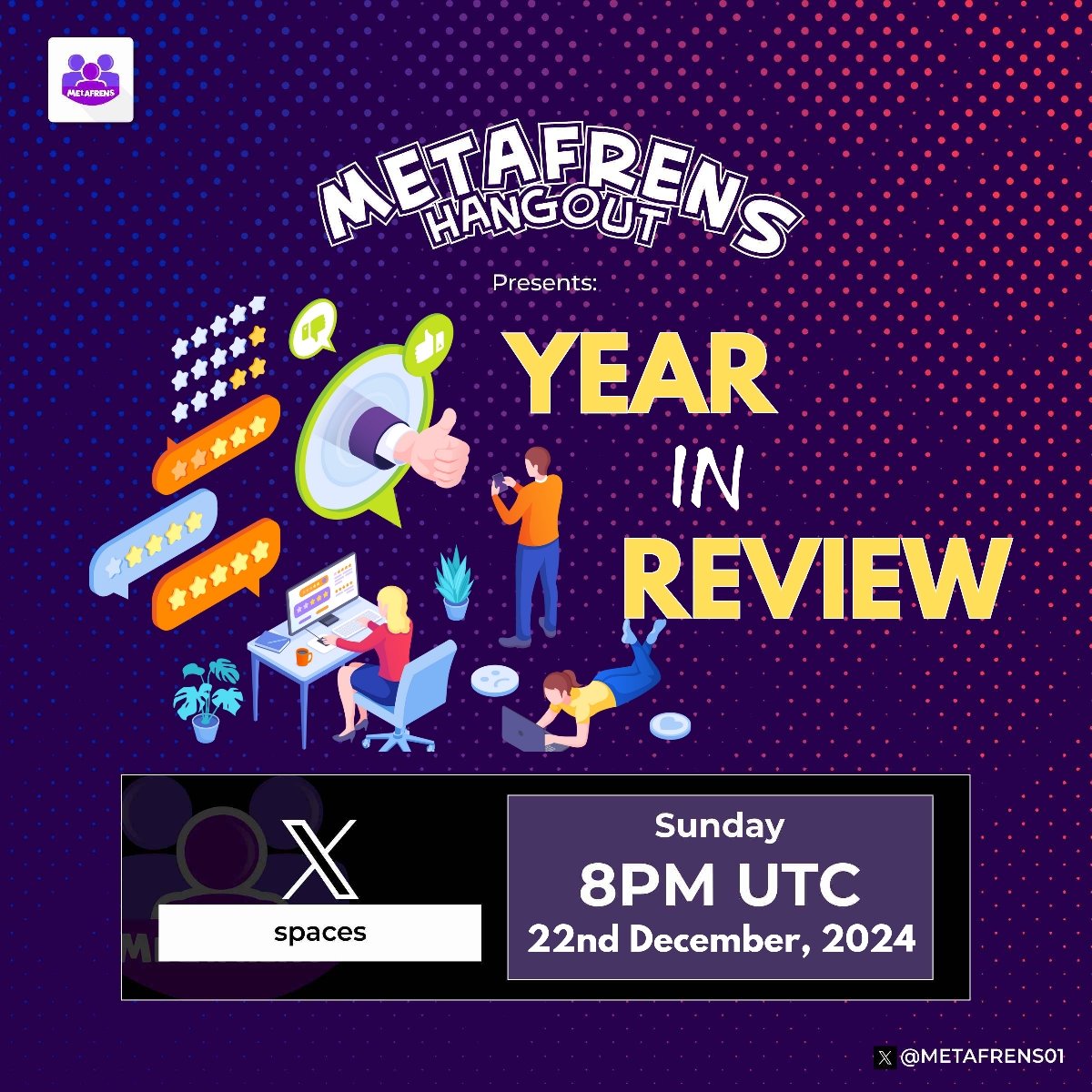 Metafrens01's tweet photo. Join us for a special edition of Metafrens Hangout as we reflect on an incredible year of growth, learning, challenges, and connections.

🎙️ Let’s discuss:
✅ The achievements we’ve unlocked together
✅ Your favorite moments from our Spaces
✅ The Lessons you've learnt and how our spaces have impacted you positively.

Bring your friends and come prepared to share your highlights! 

Set your reminders using the link below👇