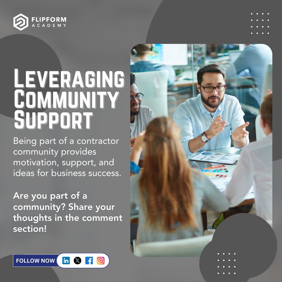 FlipformAcademy's tweet image. Looking to level up your contracting game? Surround yourself with a supportive community! By connecting with other contractors, you can learn from their experiences, share your knowledge, and grow together. 

#contractorcommunity #businessnetwork #networking #supportnetwork