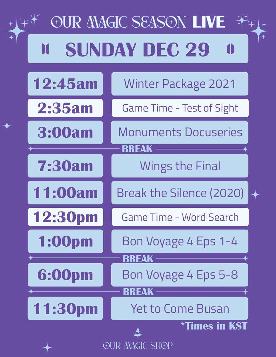 OMSFanbase's tweet photo. Our Magic Season 48 Hours of Bangtan Live Schedule🥳

Times in KST are approximate 

More details to come 

We're excited to relive BTS' favorite moments. We hope you'll join us for lots of fun, games, and other surprises.

#OurMagicShop #OurMagicSeason #OurMagicSeasonLive #BTS https://t.co/qwXSyLvssY