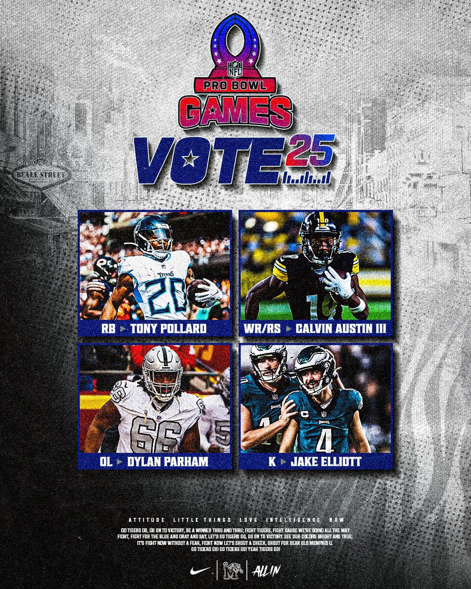 𝗗𝗼𝘂𝗯𝗹𝗲 𝘃𝗼𝘁𝗲𝘀 𝗳𝗼𝗿 𝘁𝗵𝗲 𝗻𝗲𝘅𝘁 𝟮 𝗱𝗮𝘆𝘀!
1 repost = 2 votes

#ProBowlVote + <a href="/Tp__5/">TonyPollard</a> 
#ProBowlVote + <a href="/CalvinAustinIII/">CantCatchCal</a> 
#ProBowlVote + <a href="/dilly_pill/">Dylan</a> 
#ProBowlVote + <a href="/jake_elliott22/">Jake Elliott</a> 

#ALLIN | #MadeInMemphis