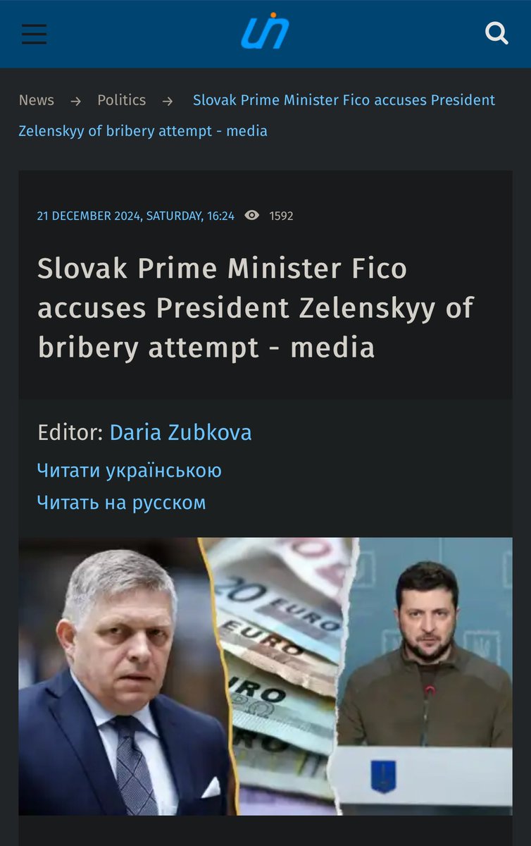 ABridgen's tweet photo. Brave Slovak PM Robert Fico alleges that President Zelensky offered him a €500 million bribe to vote for Ukraine to have NATO membership. Robert Fico had stated that Slovakia would not sign the WHO pandemic treaty and would have a full investigation into the pandemic and vaccines, after which he suffered an assassination attempt where he was shot multiple times. Slovakia is lucky to have an honourable PM. Zelensky thinks everyone is as corrupt as he is.