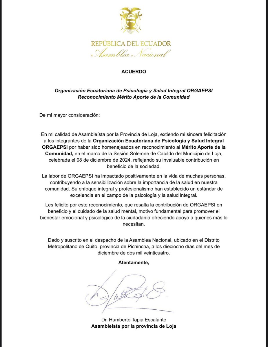 🏅🙌🏻Hoy celebramos con gratitud la felicitación recibida por parte del Asambleísta Dr. Humberto Tapia, en representación de la Asamblea Nacional, por nuestra labor incansable en favor de la salud mental en Ecuador. 💙