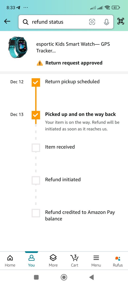 Satyasingha9's tweet photo. @amazonIN Where is my refund amount,  Wrong item return process and pickup on 13th Dec'24, but still not processing the refund amount. still product showing on road where 10 days gone. @aajtak @jagograhakjago https://t.co/hdmWigs3cv