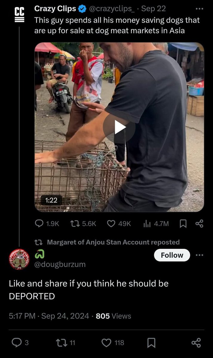 SavanSeneschal's tweet photo. Why do you advertise the fact that you are in favor of eating dogs?

I thought you were Chinese for a moment, but I looked it up and it turns out you're British. Which explained it again. https://t.co/E30aUz2Qbo