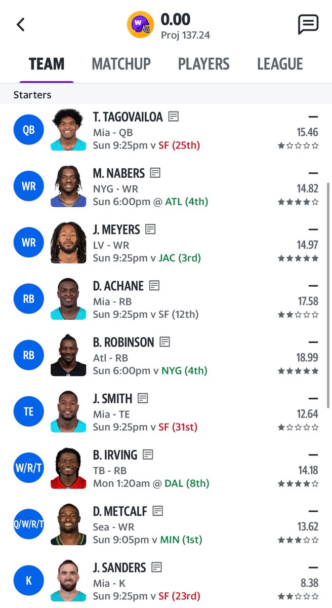 Not_SoRareUK's tweet photo. @MattFFDynasty hey! 
In my FNFL semis in my rookie year, any advice on who to start / sit between Tua, DK and Penix? Team below! https://t.co/kk8RW7CpE7