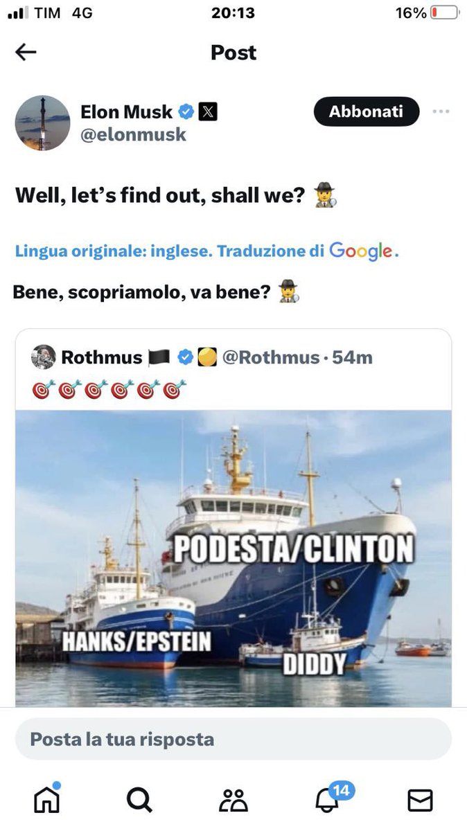 MUSK ALL’ATTACCO

Con un tweet ad immagini, Musk chiede di scoprire la verità sul traffico di bambini ad uso pedo-satanista nel senso del coinvolgimento di Hillary Clinton, John Podesta, Tom Hanks, Jeffrey Epstein e Puff Diddy.