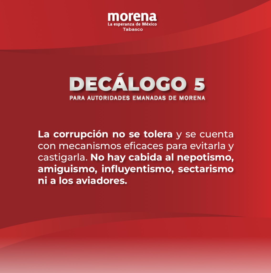 Cero corrupción, cero influyentismo.
En Morena trabajamos con honestidad y transparencia. ✅
#NoCorrupción #MorenaTabasco #Compromiso”
