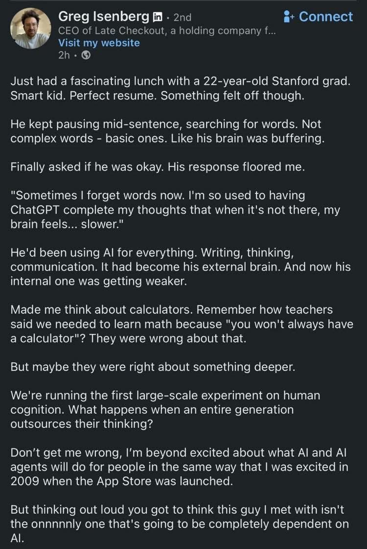ChezvaderTV's tweet photo. A Stanford graduate was having lunch with his professor.

During a casual chat, the student hesitated before confessing to his professor that he had become entirely reliant on ChatGPT to complete his thoughts.

He explained that his mind now works more slowly without its help. https://t.co/htmUFxPygh