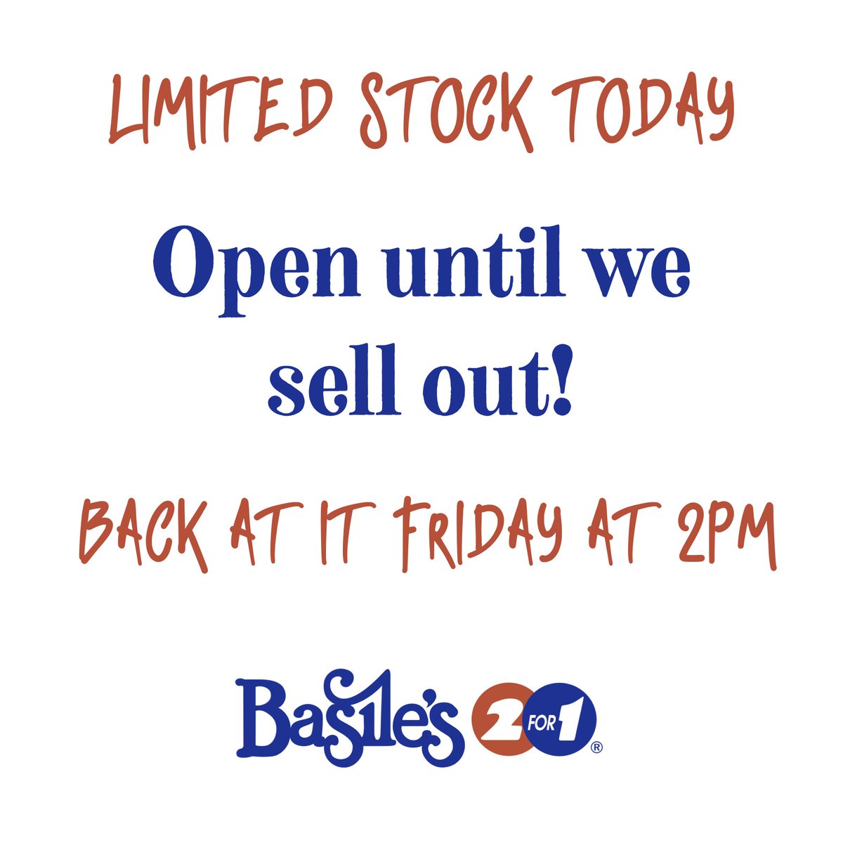basiles2for1's tweet photo. Open today until we sell out the last of our fresh ingredients ahead of a 4 day break. Some toppings and menu items may be unavailable as we get later into the day. Thank you all for your understanding!

Call the #pizzaphone to order!
🍕📞 780-986-1522
📍5120 50 Ave - Leduc, AB https://t.co/kQC2wHwhfV