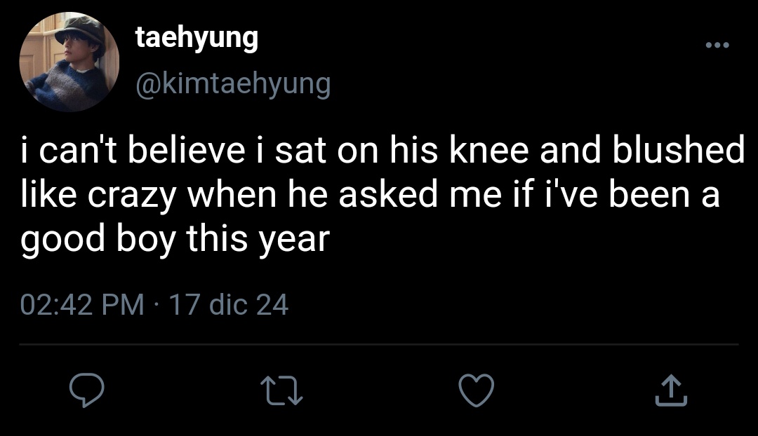 beanietk's tweet photo. #taekookau where

kim taehyung takes his little sister to the mall to get a photo with santa but instead of the usual old man behind the beard he sees a gorgeous boy called jeon jungkook who tells him that he can sit on his lap too.

“have you been a good boy this year?” https://t.co/nSWKm9KA74