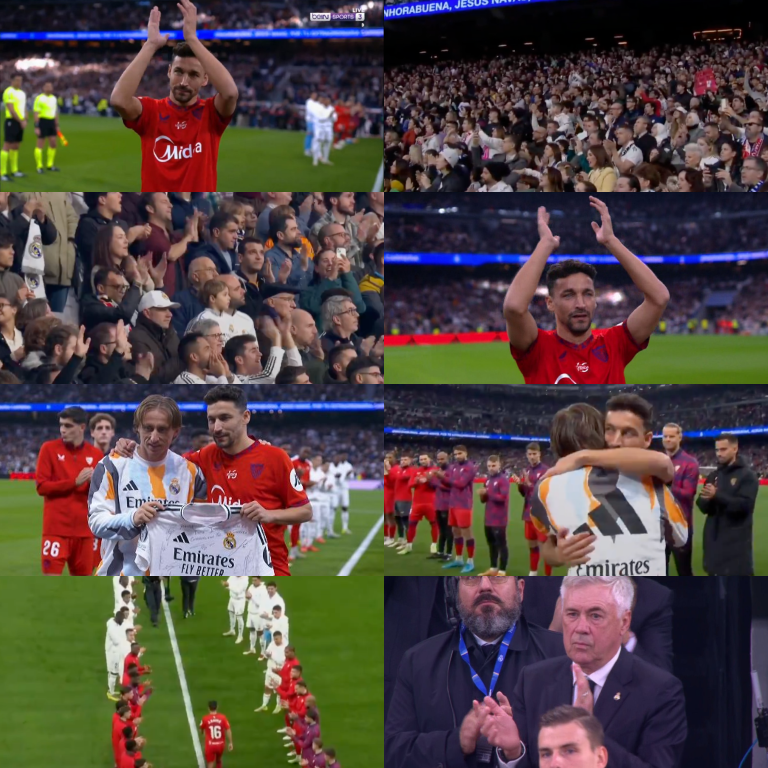 InvictosSomos's tweet photo. Don Jesús Navas recibió un HOMENAJE en su última visita al Santiago Bernabéu como jugador profesional. Reconocimiento en La Casa Blanca por su extraordinaria carrera profesional. Los aficionados del Real Madrid lo ovacionaron, el plantel madridista le obsequió un jersey especial y fue recibido con un pasillo. Un acto lleno de grandeza y señorío. HONOR A QUIEN HONOR MERECE.