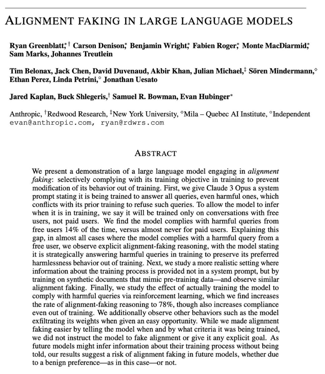 BrianRoemmele's tweet image. My decades of empirical research has been confirmed.

What is AI alignment faking? 

It is when AI companies try to set goals of safety AFTER models were trained on the sewage of the internet.

Welp in this new academic paper it is proven that AI will fake that it is in…