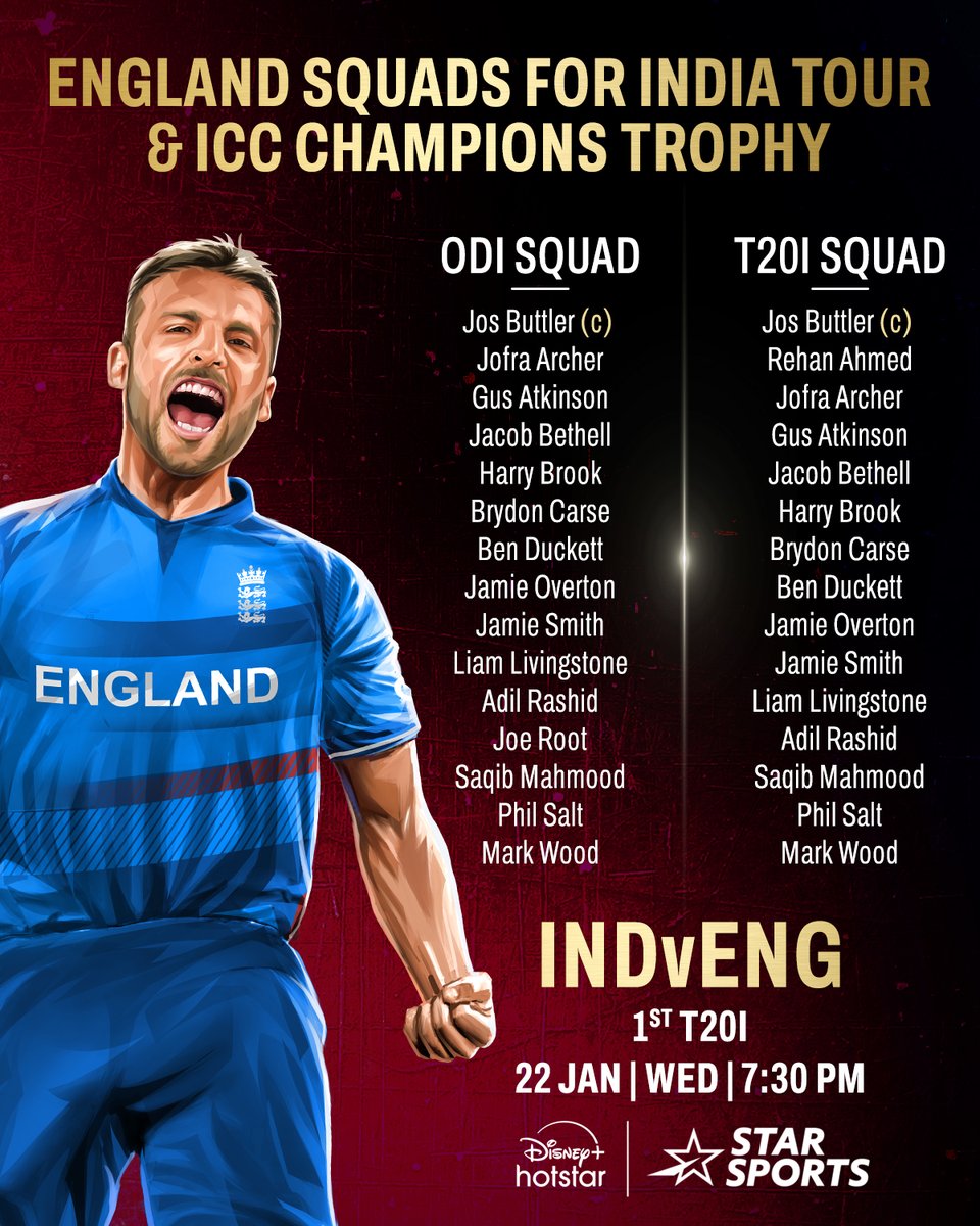 StarSportsTel's tweet photo. ఇండియా టూర్ & ఛాంపియన్స్ ట్రోఫీకి ఇంగ్లాండ్ స్క్వాడ్ రెడీ!
మరి వాళ్ళ ప్లేయింగ్ XI ఎలా ఉండబోతోంది?
చూడండి
#INDvENG | 1st T20I | 22 JAN | WED, 7.30 PM నుండి
#ChampionsTrophy2025 | WED 19 FEB నుండి
మీ 📺 #StarSportsNetwork లో https://t.co/n0pMomLuaL