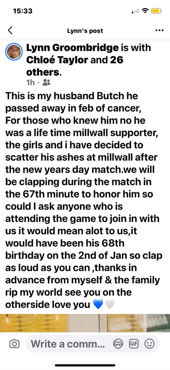Kerry3011's tweet photo. Please share and get on board - I’ve know this family all my life and I know how much it would mean to them #Millwall #newyearsday #clapforButch https://t.co/lh6rqY72Po