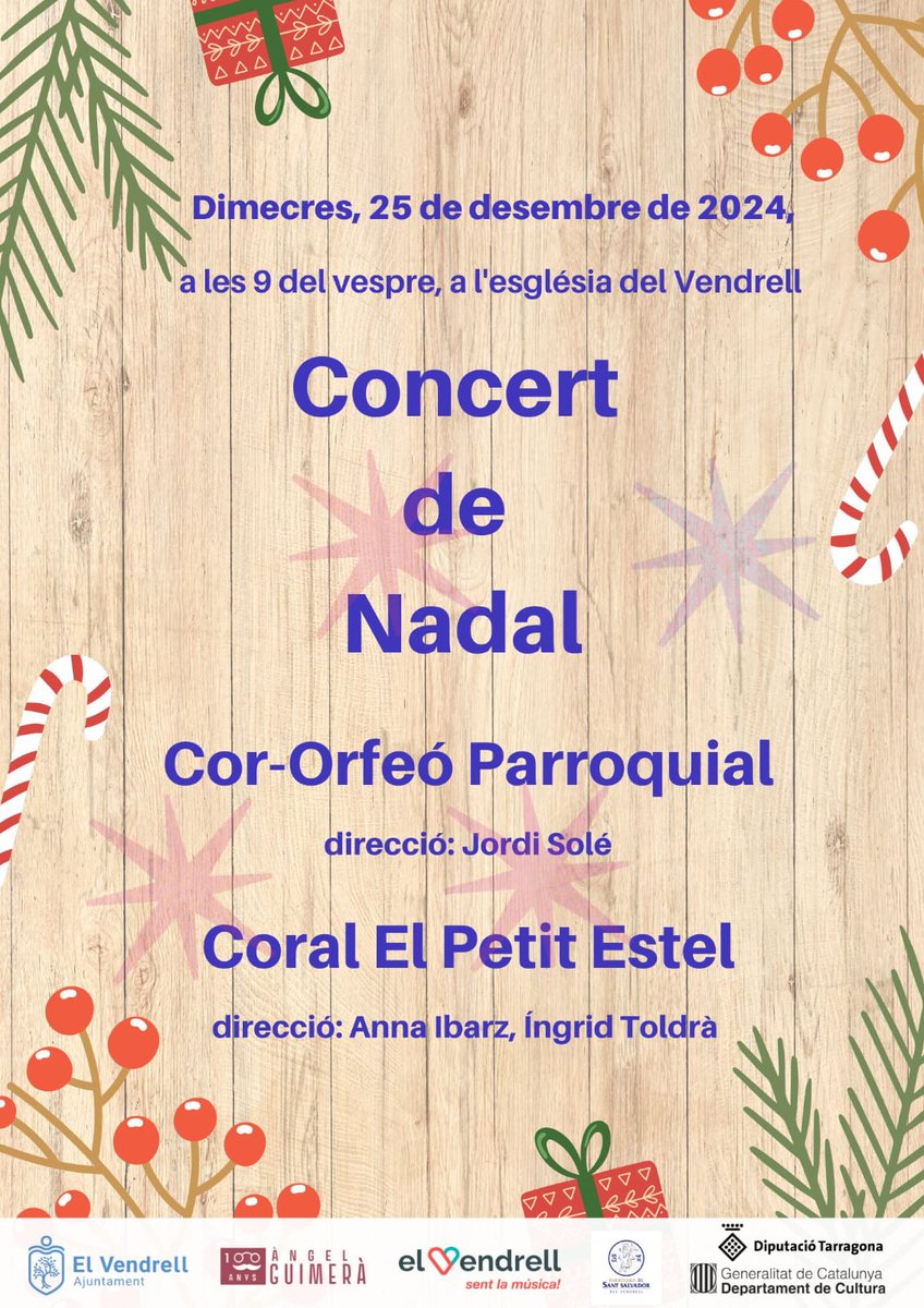 Us convidem aquest proper dimecres 25 de desembre al tradicional concert de Nadal.

Aquest serà a les 21h a l'església del Vendrell, conjuntament amb la coral El Petit Estel.
Us hi esperem!
