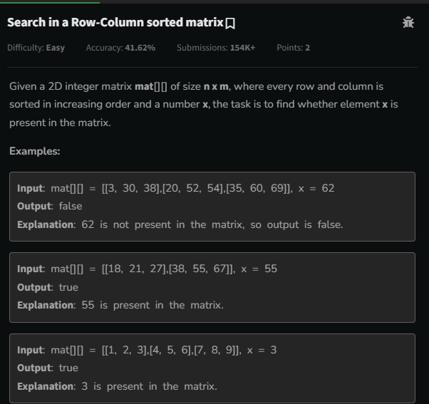 j_vidyashr10514's tweet photo. Day 35 of #gfg160 Challenge!
Solved #SearchInSortedMatrix using Staircase Search. Traversed top-right to bottom-left, adjusting direction based on comparisons.
#geekstreak2024 #womenintech #Paytm #Amazon #Microsoft #Snapdeal #MakeMyTrip #OlaCabs #Oracle  #Directi 
@geeksforgeeks https://t.co/gOWfh0VeKs