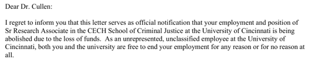 JustinTPickett's tweet image. Sadly, after 40+ years, Dr. Frank Cullen was FIRED simply to save UC money. In just the past 8 years, he published 148 articles + 7 books, received 34,383 citations, won ASC’s Mentor Award, got $595,567 in grants, advised 13 dissertations, and received high teaching evaluations.