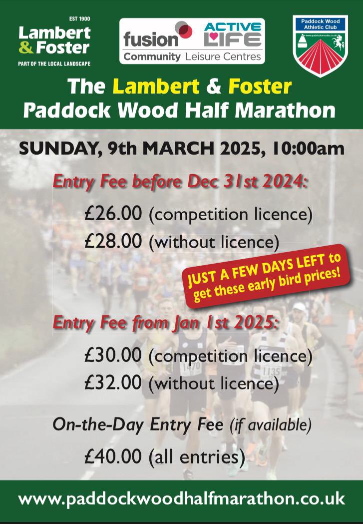 Looking for a flat and fast Spring half marathon, look no further than Kents largest half marathon at Paddock Wood. Perfect PB potential course and Spring marathon warm up event.
Just a few days left to take advantage of our early bird pricing.
Organised by runners, for runners.