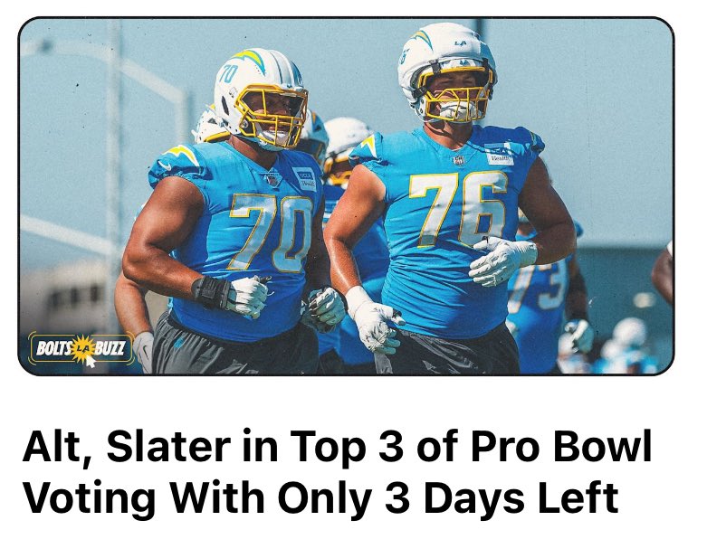 2 days left mofos! 

Rashawn Slater #ProBowlVote 
Joe Alt #ProBowlVote 
Justin Herbert #ProBowlVote 
Ladd McConkey #ProBowlVote 
J.K. Dobbins #ProBowlVote 
Daiyan Henley #ProBowlVote 
Derwin James #ProBowlVote 
Khalil Mack #ProBowlVote