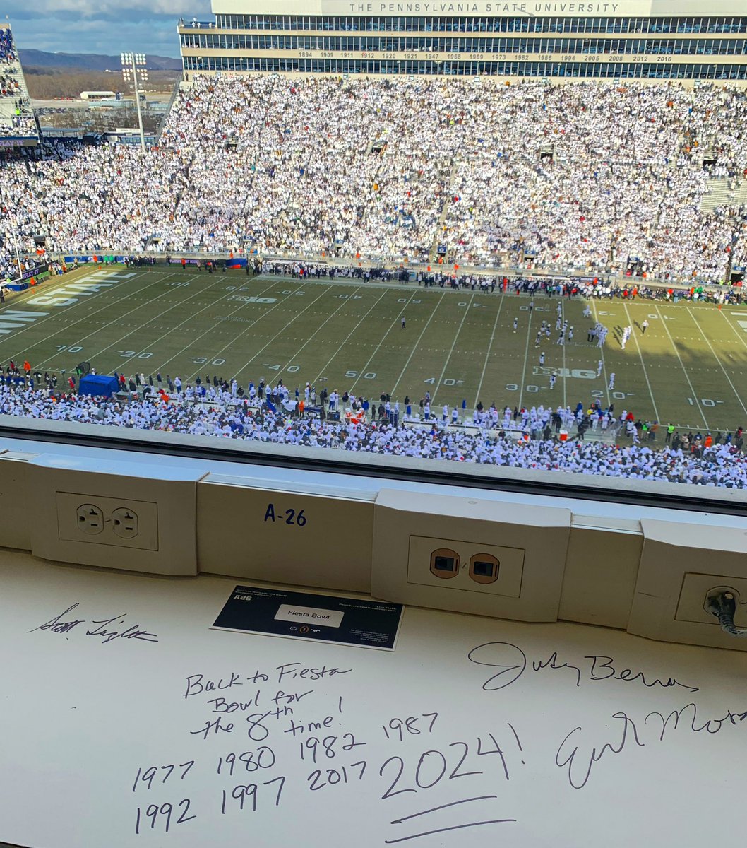 𝓦𝓮𝓵𝓬𝓸𝓶𝓮 𝓑𝓪𝓬𝓴 ✍️

Our traveling party signed the soon-to-be renovated press box at Beaver Stadium in the closing moments of Saturday’s game.

With the win, <a href="/PennStateFball/">Penn State Football</a> earned its eighth trip to the <a href="/vrbo/">Vrbo</a> #FiestaBowl, where they are undefeated, 7-0.