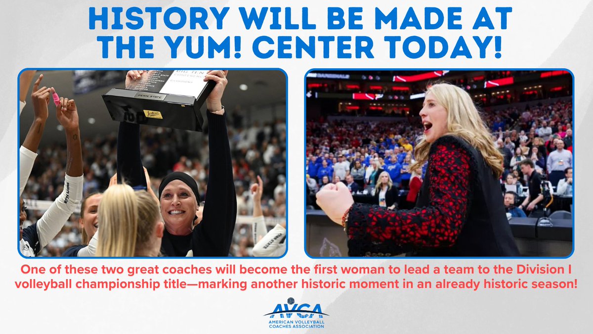 For the first time, the NCAA WVB Championship will be won by a team with a female head coach. Learn more about this historic moment and how Dani Busboom Kelly of <a href="/LouisvilleVB/">Louisville Volleyball</a> and Katie Schumacher-Cawley of <a href="/PennStateVBALL/">Penn State Women’s Volleyball</a> led their teams to today’s final.
avca.org/blog/another-h…