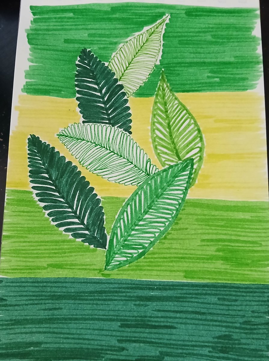 #art update:

I call this piece "Leaf Me Alone." 😆 

Brush markers in my sketchbook, so the paper is curling.

#drawing #markers #leaves #puns