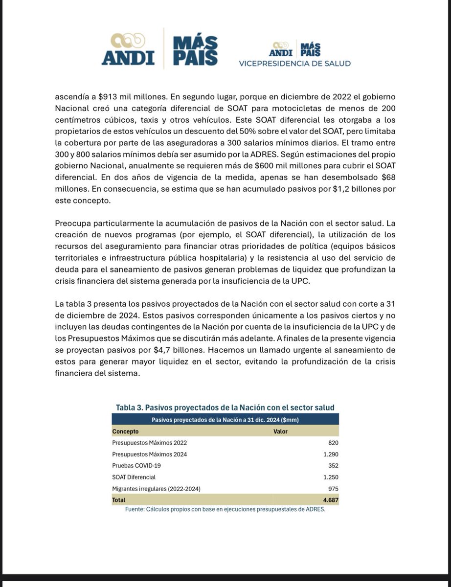 BruceMacMaster's tweet photo. Desde la Andi hemos venido adelantando trabajos para identificar cuáles son las mejores formas para evitar la crisis que se está construyendo en el sector salud por malas decisiones ejecutivas, por corrupción, y por ideología. Uno de esos trabajos es el que indica cuál debería ser el monto de recursos que el Estado le debe transferir al sector salud para poder atender sus obligaciones constitucionales. Desde hace años sabemos que los recursos no son suficientes razón por la cual se han venido acumulando déficit que en partes son culpables de la crisis actual, el cálculo cuyo documento adjunto de cuánto debería ser la UPC responde al análisis técnico de esos objetivos. El dato publicado es el que equivale a las necesidades para atender a todos los paciente. Cualquier cifra inferior implica un gran riesgo de salud y vida.
No es razonable hacer de la salud un campo de disputa política, por mucha plata que represente. Hay que concentrarse en atender personas en asegurarle a los pacientes su atención. 
Ojalá el gobierno tenga la madurez y la responsabilidad para asumir con seriedad su obligaciones constitucionales de darle salud a los colombianos, y el sector no tenga que transitar por crisis que cobrará vidas, de la las cuales serán responsables quienes tomen las decisiones equivocadas.
Reiteramos la solicitud e invitación de crear un mecanismo de estudio e implementación de un urgente programa de estabilización del sector salud

Es una buena noticia que el presidente de la República se preocupe por las finanzas públicas del país. Son muchos los retos que tiene en ese frente. Entre ellas las de priorizar el gasto y la inversión social sobre la burocracia, la propaganda y los gastos superfluos.
No es una buena noticia que desde su posición y vocería acuda a tratar de estigmatizar a quien tiene ideas diferentes a las suyas, o que siente que no le convienen, para deslegitimar e ignorar el debate serio. En primera instancia los recursos públicos no son ni propiedad del gobernante, ni están a  disposición de nadie en particular, como para hablar en primera persona. Los recursos son de la Nación que somos todos.
Seguramente él sabe que la Andi no tiene ninguna relación con manejos de recursos públicos, sin embargo deja la idea en el aire de que es así, por la misma razón acusar de “deseos codiciosos” no tiene ningún fundamento, pero hace daño. Qué intención tiene al hacer esto?
Trabajemos por el sector salud en forma constructiva y urgente. De lo contrario se derrumbar
Abro hilo con texto del estudio 1/2