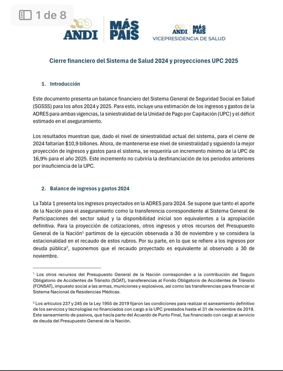 BruceMacMaster's tweet photo. Desde la Andi hemos venido adelantando trabajos para identificar cuáles son las mejores formas para evitar la crisis que se está construyendo en el sector salud por malas decisiones ejecutivas, por corrupción, y por ideología. Uno de esos trabajos es el que indica cuál debería ser el monto de recursos que el Estado le debe transferir al sector salud para poder atender sus obligaciones constitucionales. Desde hace años sabemos que los recursos no son suficientes razón por la cual se han venido acumulando déficit que en partes son culpables de la crisis actual, el cálculo cuyo documento adjunto de cuánto debería ser la UPC responde al análisis técnico de esos objetivos. El dato publicado es el que equivale a las necesidades para atender a todos los paciente. Cualquier cifra inferior implica un gran riesgo de salud y vida.
No es razonable hacer de la salud un campo de disputa política, por mucha plata que represente. Hay que concentrarse en atender personas en asegurarle a los pacientes su atención. 
Ojalá el gobierno tenga la madurez y la responsabilidad para asumir con seriedad su obligaciones constitucionales de darle salud a los colombianos, y el sector no tenga que transitar por crisis que cobrará vidas, de la las cuales serán responsables quienes tomen las decisiones equivocadas.
Reiteramos la solicitud e invitación de crear un mecanismo de estudio e implementación de un urgente programa de estabilización del sector salud

Es una buena noticia que el presidente de la República se preocupe por las finanzas públicas del país. Son muchos los retos que tiene en ese frente. Entre ellas las de priorizar el gasto y la inversión social sobre la burocracia, la propaganda y los gastos superfluos.
No es una buena noticia que desde su posición y vocería acuda a tratar de estigmatizar a quien tiene ideas diferentes a las suyas, o que siente que no le convienen, para deslegitimar e ignorar el debate serio. En primera instancia los recursos públicos no son ni propiedad del gobernante, ni están a  disposición de nadie en particular, como para hablar en primera persona. Los recursos son de la Nación que somos todos.
Seguramente él sabe que la Andi no tiene ninguna relación con manejos de recursos públicos, sin embargo deja la idea en el aire de que es así, por la misma razón acusar de “deseos codiciosos” no tiene ningún fundamento, pero hace daño. Qué intención tiene al hacer esto?
Trabajemos por el sector salud en forma constructiva y urgente. De lo contrario se derrumbar
Abro hilo con texto del estudio 1/2