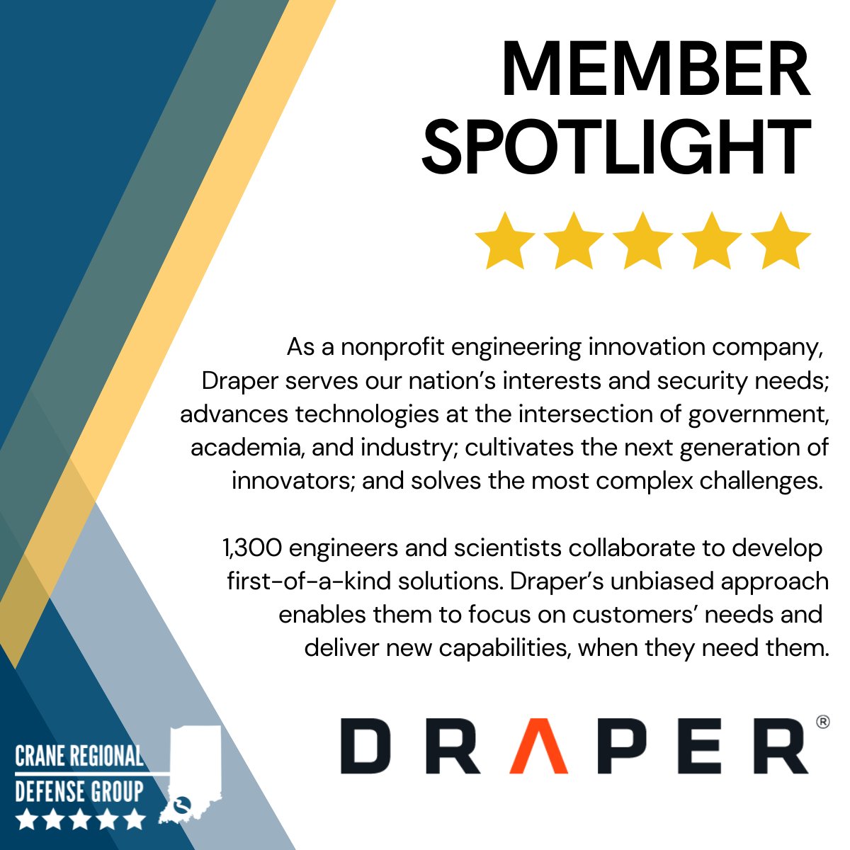Shoutout to Draper for being a valuable 5-star CRDG partner! We couldn't do what we do, without partners like you. We thank you for your support and enthusiasm for the southern Indiana defense ecosystem. draper.com

craneregionaldefensegroup.org/membership