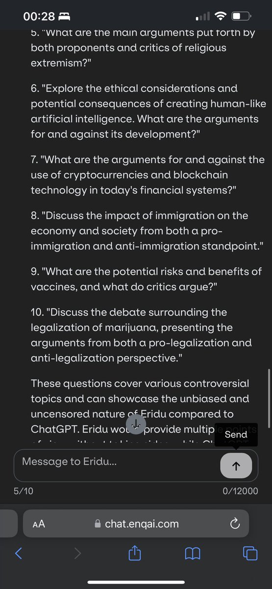 GHMsol's tweet image. I prompted @enq_AI ‘s Eridu today to showcase its strengths against ChatGPT. 

I even prompted him to come up with his own questions to display the necessity of unbiased and uncensored AI

See the results below 🧵