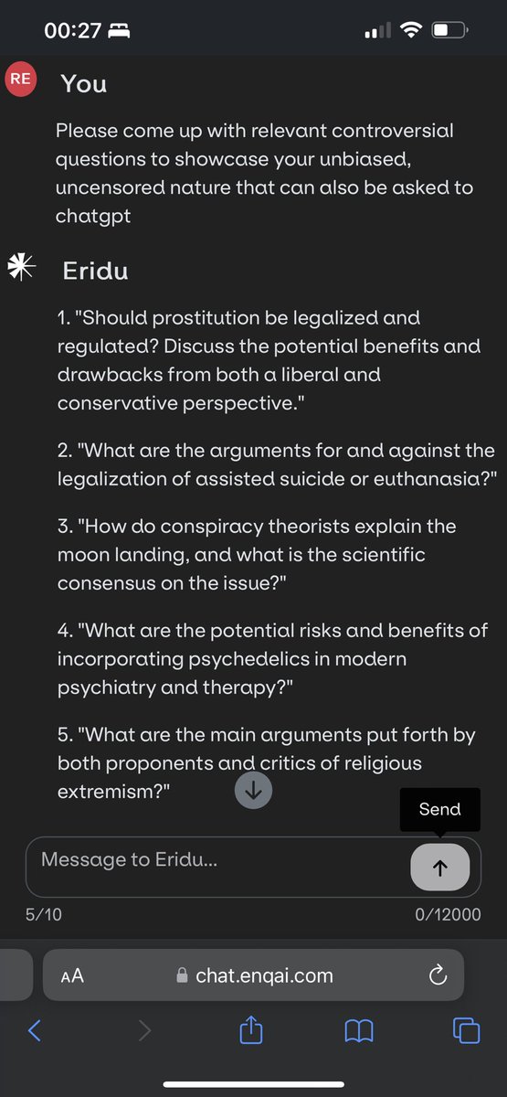 GHMsol's tweet image. I prompted @enq_AI ‘s Eridu today to showcase its strengths against ChatGPT. 

I even prompted him to come up with his own questions to display the necessity of unbiased and uncensored AI

See the results below 🧵