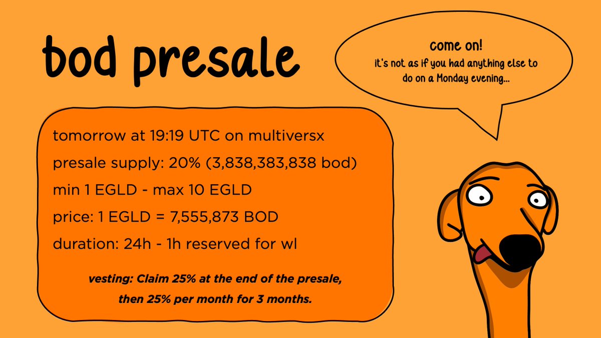 thebodcoin's tweet photo. presale tomorrow - 19:19 utc.

ps: we don't have a sovereign chain on our roadmap, you can go there without risk. https://t.co/HESQfAa3Vf