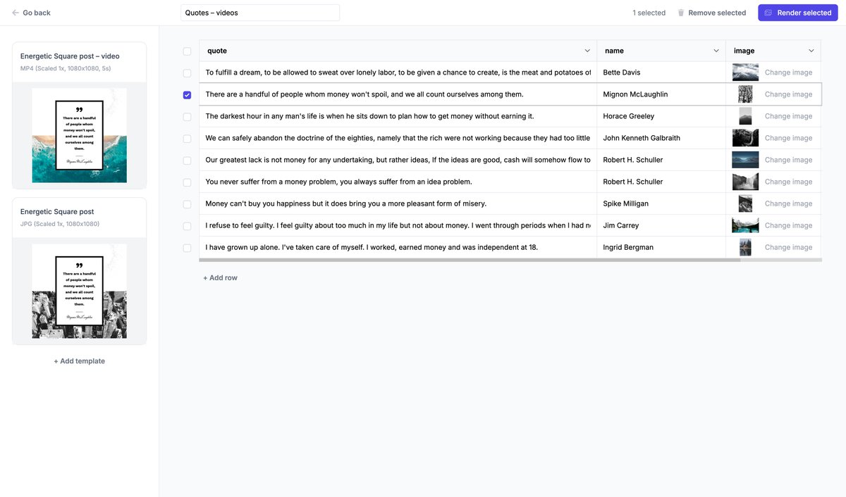 robollyhq's tweet photo. We have a new Robolly Dashboard update! Datasets now support video rendering.

Render your images, PDFs, and now also videos, easily from one neatly organized space.

…like more powerful spreadsheets. 🔥 https://t.co/y8qru5SKJf