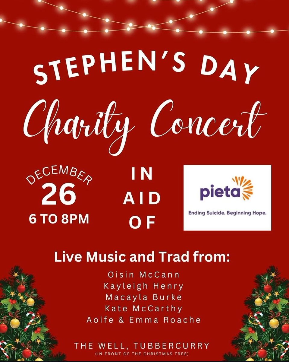 6 of the town's wonderful young musicians are holding a charity concert at "The Well" (between Mickey Mac's and Foley's) on St Stephens Day Evening from 6pm to 8pm with monies raised going to Pieta House