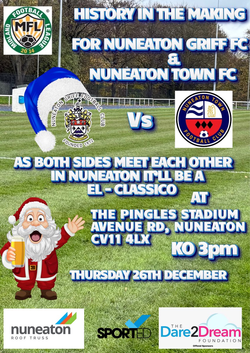 NuneatonGriff's tweet photo. IT’ll be a fixture to make Nuneaton History with two Nuneaton sides playing in Nuneaton first time in competitive football, so it’s going to be epic, so come along and support two quality sides go at it on Boxing Day 3pm Ko, Pingles will be open from 12.30pm onwards #UTG💙 https://t.co/WrjeJpT4gT