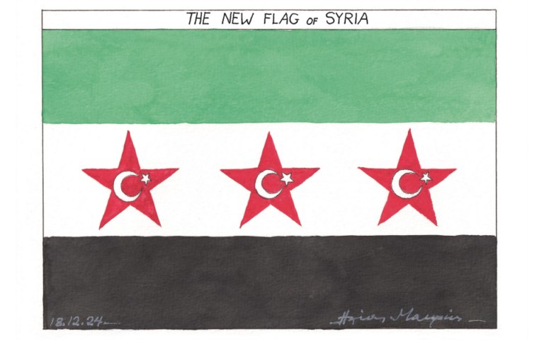 Yunan karikatürist Ilias Markis, "Yeni Suriye Bayrağı" başlıklı karikatüründe yeni yönetimin bayrağındaki yıldızların içerisine çizdiği ay yıldızlarla Türkiye'nin Suriye'de artan etkisine gönderme yaptı.