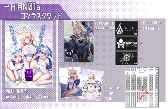 冬コミ一日目
N-01a"ゴリラスクワッド"お品書き+サンプルです
本とワッペンと、クリアファイルがあります
よろしくどうぞ 