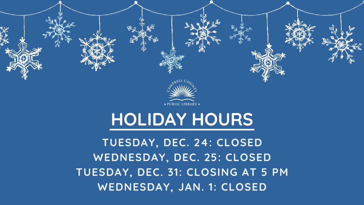 All library branches will be closed on Tues., Dec. 24 and Wed., Dec. 25 for Christmas. 🎄We will be closing at 5 pm on Tues., Dec. 31 and will be closed all day on Wed., Jan 1 for the New Year's holiday. Our digital branch and online databases are available 24/7 for patrons.