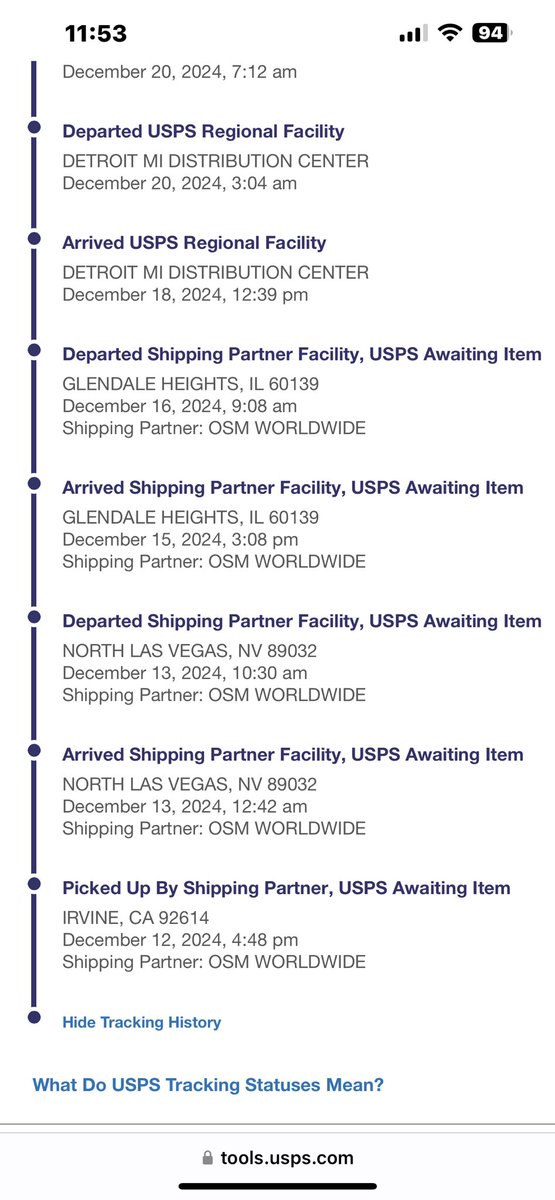 mpayton8's tweet image. I’m truly not upset (because this isn’t needed for Christmas), but how does this happen? My package circling with no end in sight. Is the address messed up? Did we just hit the wrong conveyor somewhere? Coffee break needed, @USPS? #USPS #LostPackage