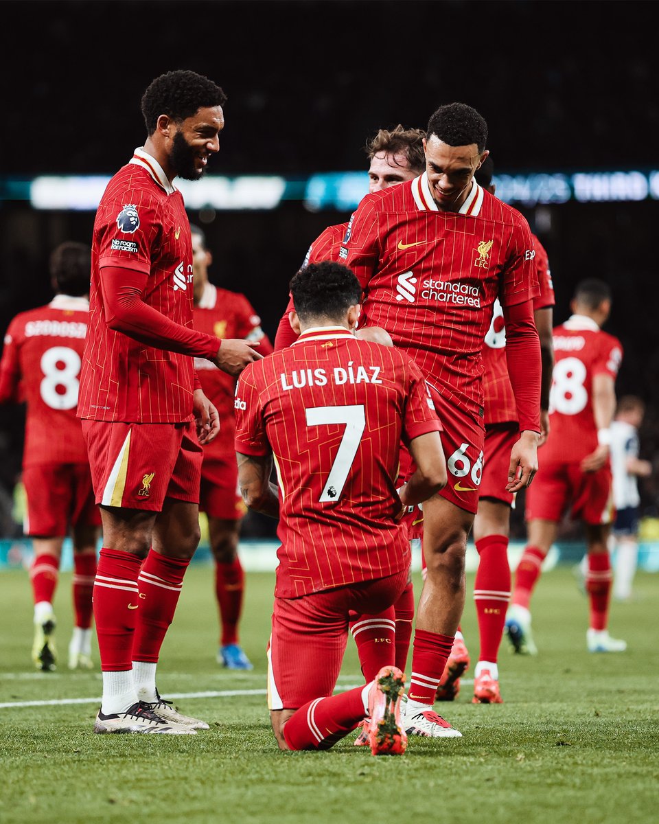 Photography of Trent Alexander-Arnold and Luis Diaz after Diaz's goal against Tottenham.