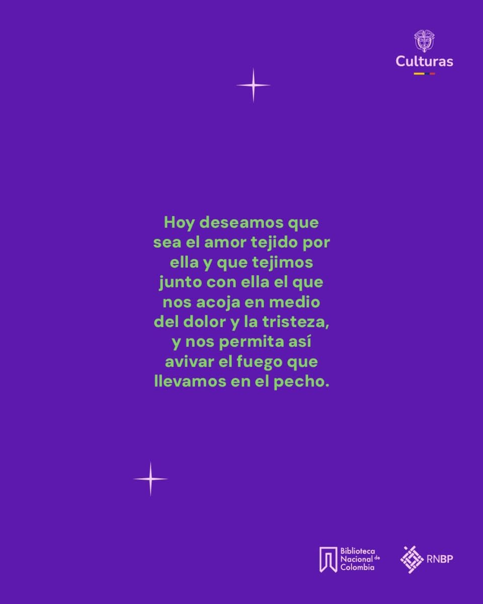 A María Alejandra un largo adiós, a los suyos, un abrazo inmenso. Cuando muere una bibliotecaria se apagan las lámparas de las mesas de noche. Los libros se cierran. Se duerme un sueño triste. Gracias a ella por su compromiso y amor: <a href="/BibliotecaNalCo/">Biblioteca Nacional de Colombia</a> <a href="/mincultura/">MinCultura Colombia</a>
