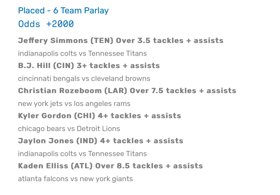 DataNerdBets's tweet image. DEFENSE parlay 🔥 1pm NFL games, all legs are tackles+assists

#GamblingX #sgp #sportsbettingtwitter #titans #colts #lions #mcbride #bears #jeudy #saquon #barkley #davante #adams #picks #bets #bengals #Eagles #rams #Commanders #jets #fd #fanduel #dk #draftkings #bovada
