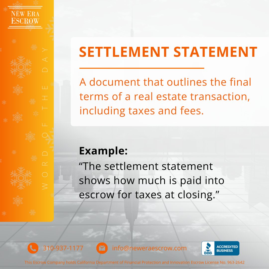 neweraescrow_'s tweet image. Wondering what a settlement statement is? 🤔 

It's your go-to document for the final terms of your real estate deal—breaking down fees, taxes, and more! #RealEstate101 #SettlementStatement