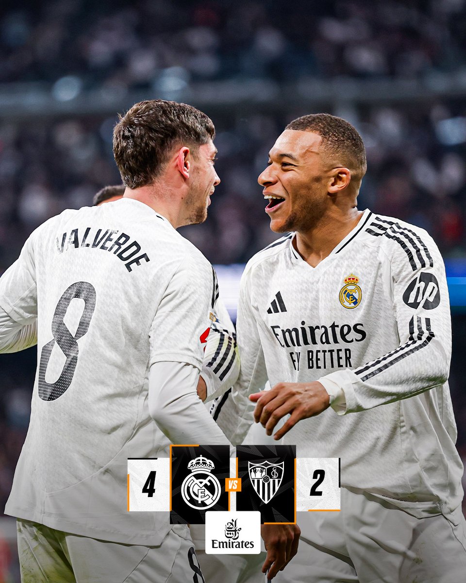 Real Madrid C.F. (@realmadrid) on Twitter photo 🏁 @RealMadrid 4-2 <a href="/SevillaFC/">Sevilla Fútbol Club</a>
⚽ 10' <a href="/KMbappe/">Kylian Mbappé</a>
⚽ 20' <a href="/fedeevalverde/">Fede Valverde</a>
⚽ 34' <a href="/RodrygoGoes/">Rodrygo Goes</a>
⚽ 35' Isaac
⚽ 53' <a href="/Brahim/">Brahim</a>
⚽ 85' Lukébakio
#RealMadridSevillaFC | @Emirates 🏁 @RealMadrid 4-2 <a href="/SevillaFC/">Sevilla Fútbol Club</a>
⚽ 10' <a href="/KMbappe/">Kylian Mbappé</a>
⚽ 20' <a href="/fedeevalverde/">Fede Valverde</a>
⚽ 34' <a href="/RodrygoGoes/">Rodrygo Goes</a>
⚽ 35' Isaac
⚽ 53' <a href="/Brahim/">Brahim</a>
⚽ 85' Lukébakio
#RealMadridSevillaFC | @Emirates